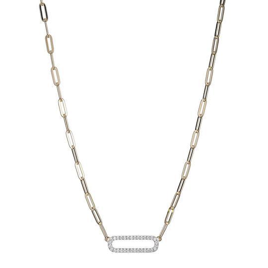 2-Tone 2mm Paperclip Chain Necklace With CZ Link In Center