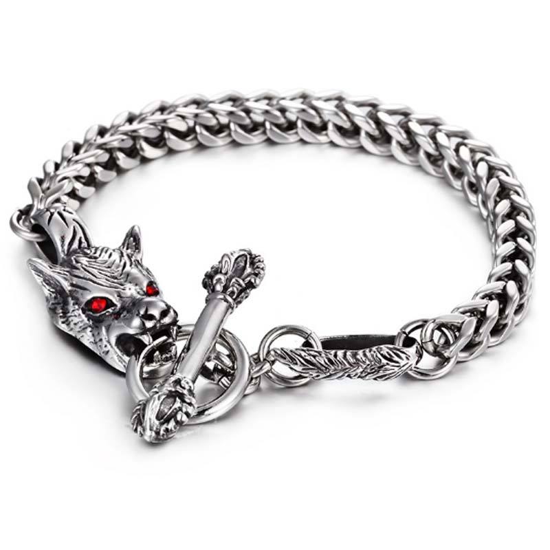 Vintage Punk Stainless Steel Twisted Cable Crystal Wolf Bracelet
