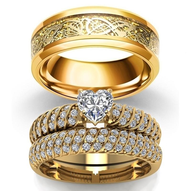 Vintage Gold Celtic Dragon and Romantic Heart Cubic Zirconia Stainless Steel Wedding Ring Set