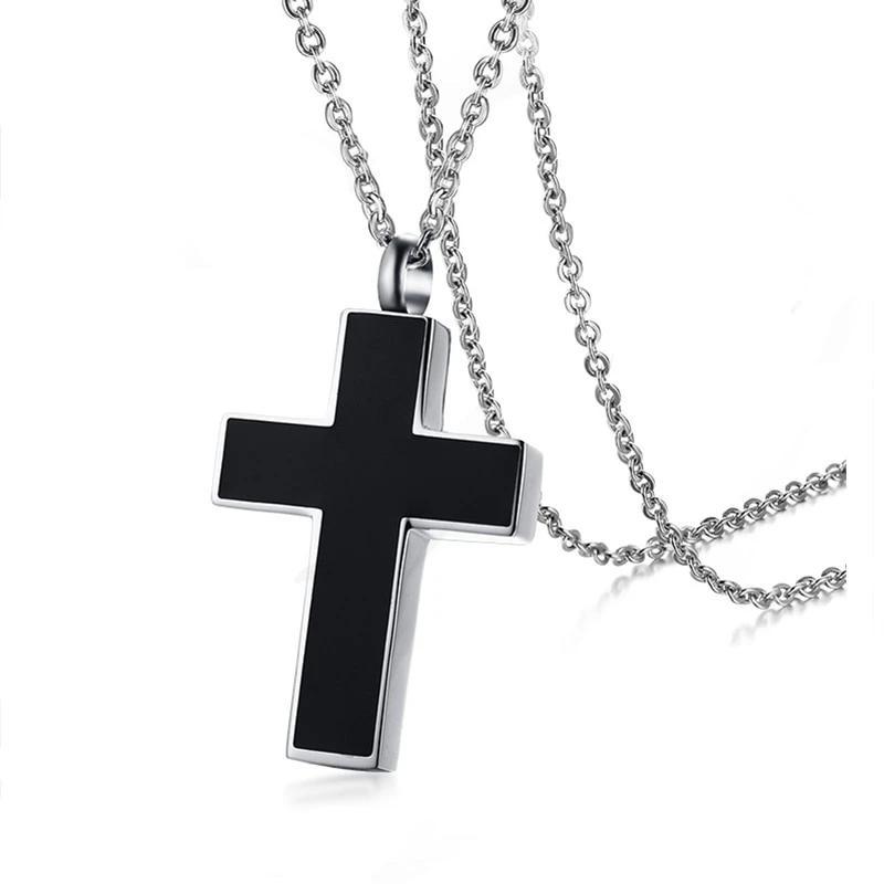 Urn Cross with Black Inlay Pendant and Chain Necklace