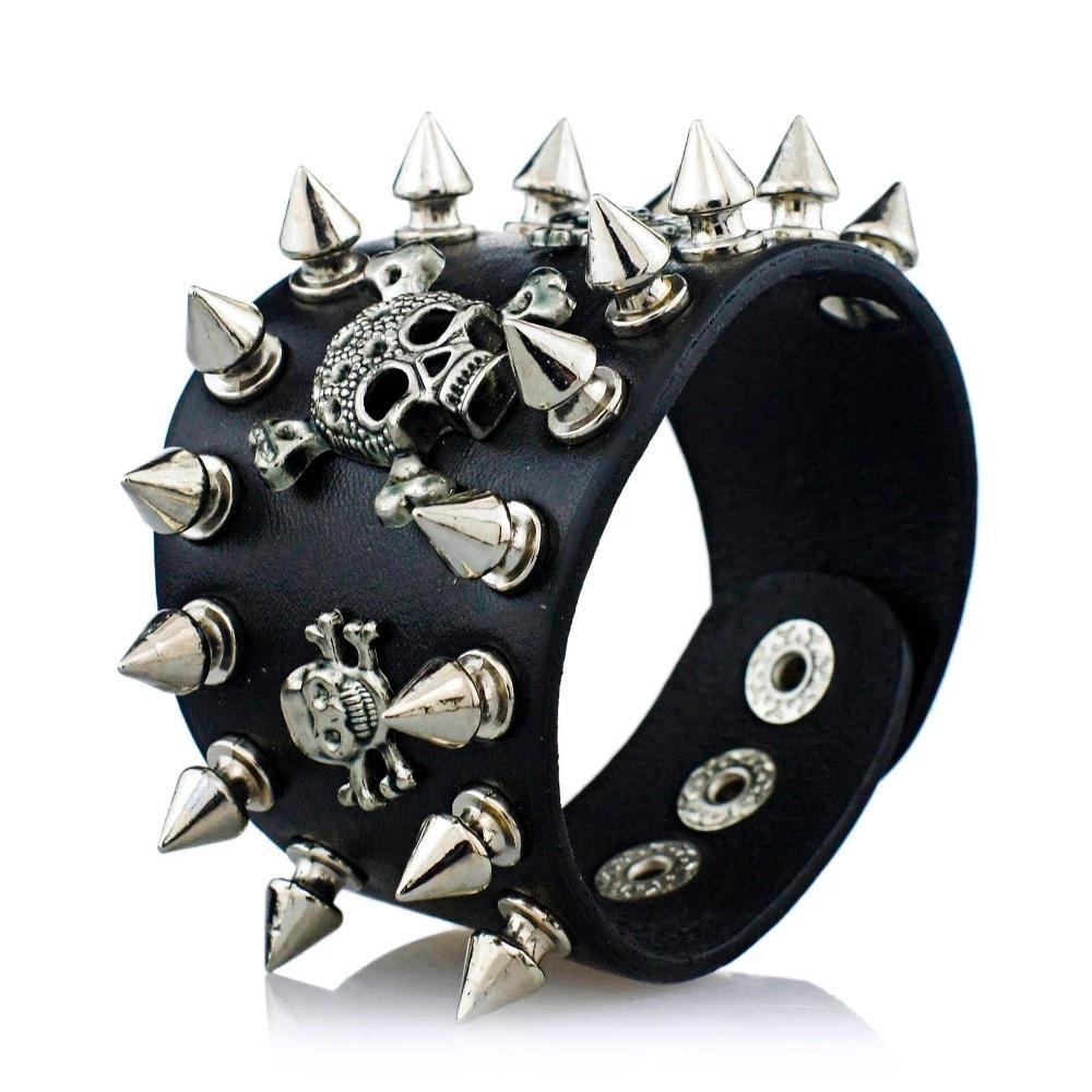 Unique Spikes Gothic Skull Wide Cuff Leather Bracelet
