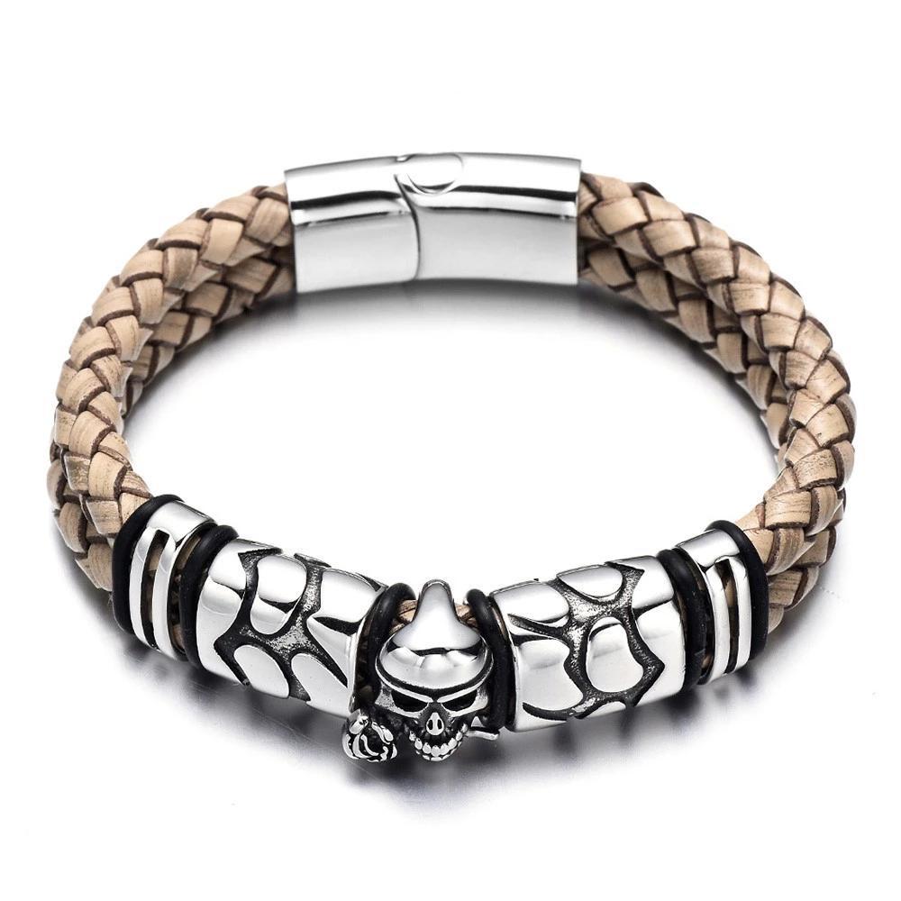 Two Stand Braided Leather Stainless Beaded Gothic Skull Bracelet