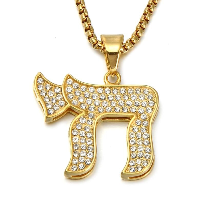 Titanium Jewish Chai Bling with Stainless Steel Chain Link Hip-hop Pendant Necklace