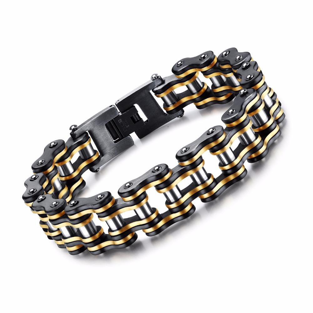Wide Motorcycle Chain Bracelet in Black & Gold