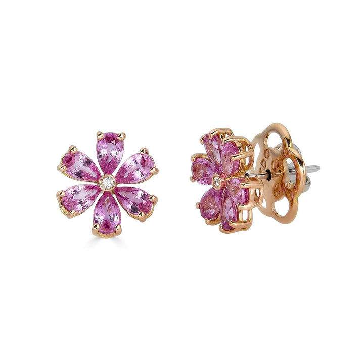 Zydo 18K Rose Gold Pink Sapphire & Diamond Flower Earrings