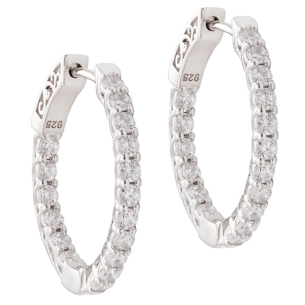 Ornate Sterling Silver Hoops with Inner And Outer Cubic Zirconia Accents