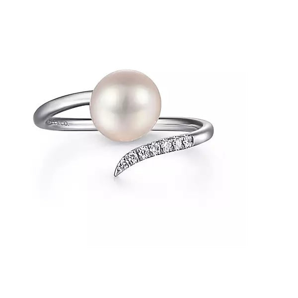 14K White Gold .05cttw Diamond & Cultured Pearl Open Wrap Ring