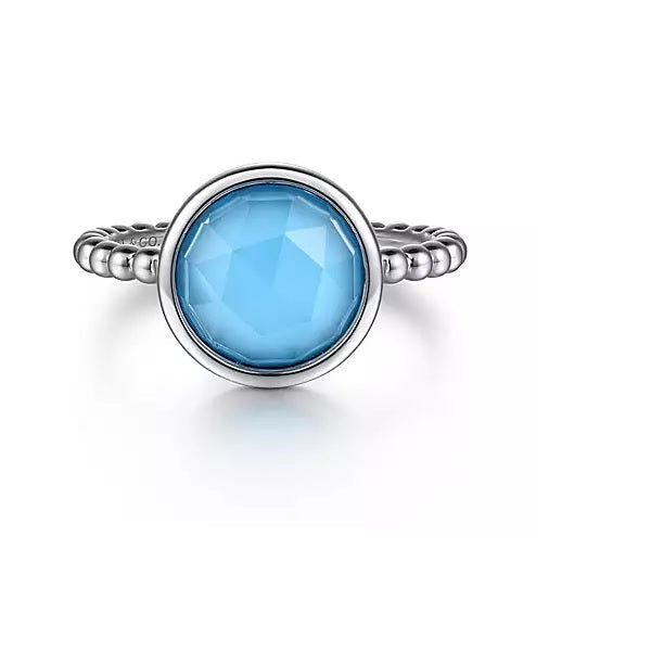 Sterling Silver Rock Crystal & Turquoise Bezel Bujukan Fashion Ring. Finger Size 6.5