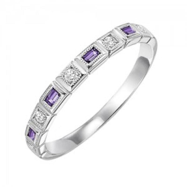 Amethyst Birthstone Emerald Cut Diamond Ring 10K White Gold
