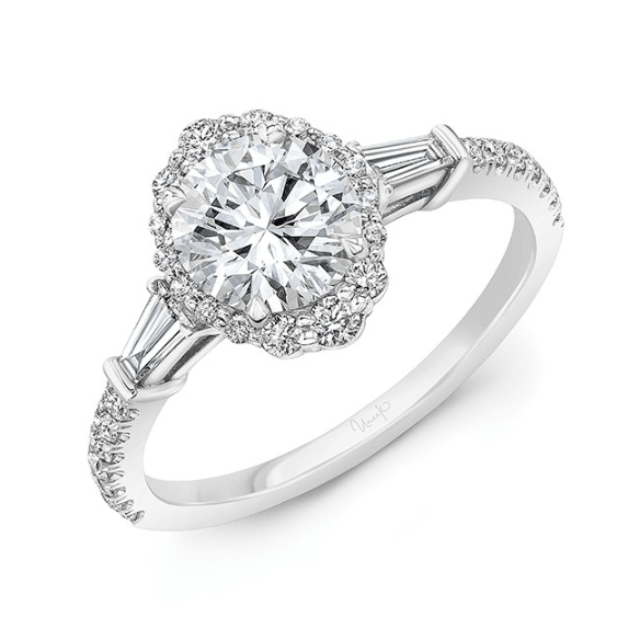 Round Halo, Baguette Diamond Engagement Ring