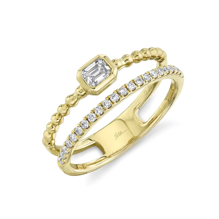 14K Yellow Gold 0.35ct Emerald Cut Diamond Beaded 2-Row Ring - SC22007329