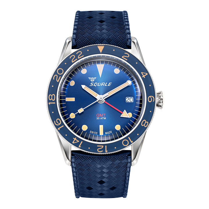 Squale Sub-39 GMT Vintage Blue Watch on Blue Rubber Strap - SUB-39GMTB.HTB