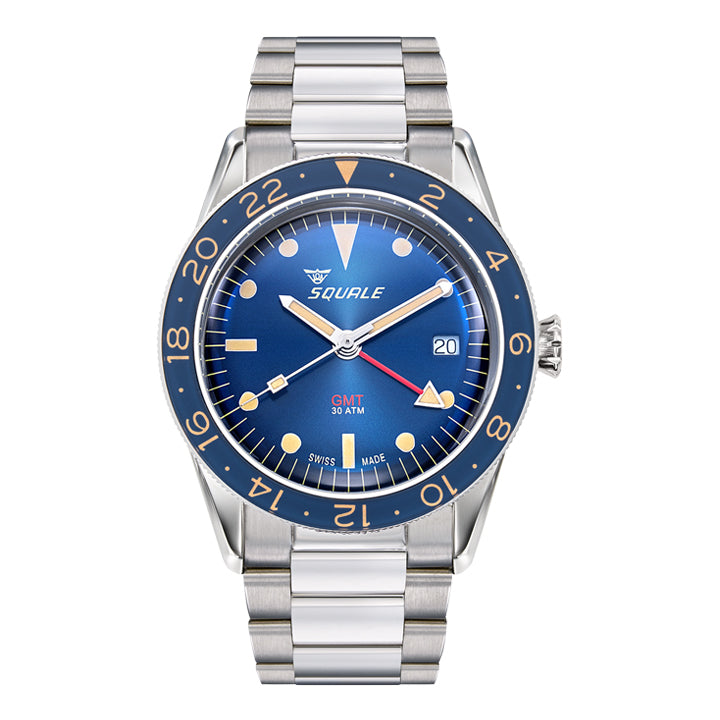 Squale Sub-39 GMT Vintage Blue Watch on Stainless Steel Bracelet - SUB-39GMTB.BR22