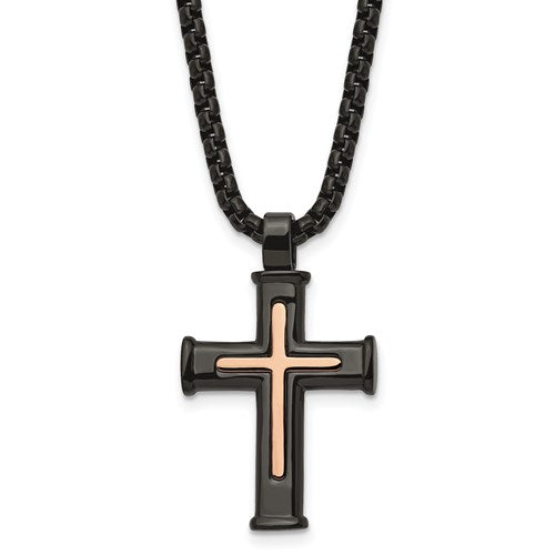 Stainless Steel Polished Black/Rose IP-Plated Cross 24in Necklace