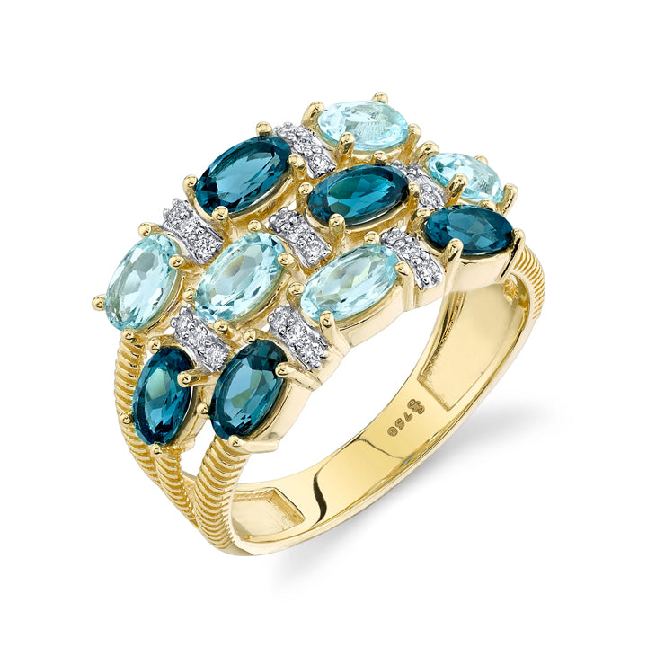 Sloane Street 18k Yellow Gold Blue Topaz & Diamond 3-Row Ring- SS-R008G-LB-BTSK-WDCB-Y