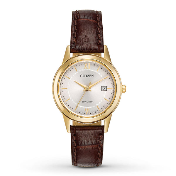 Citizen Eco-Drive Women's Corso Gold-Tone Brown Strap Watch.