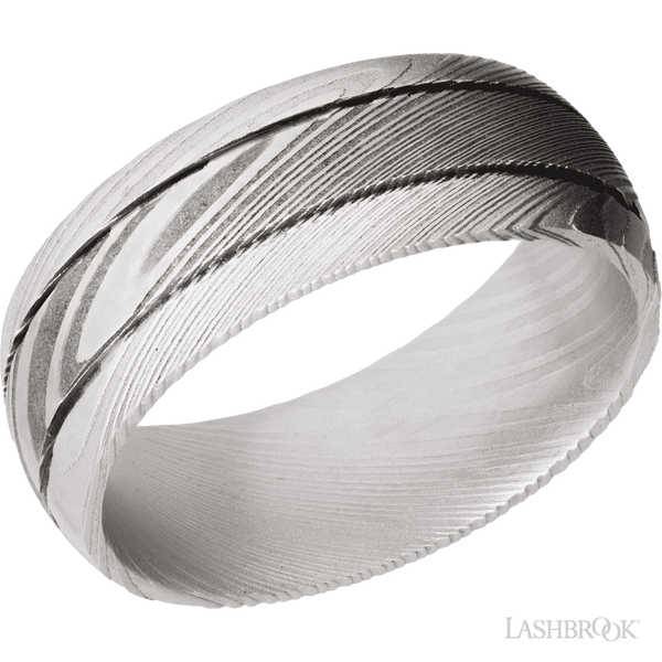 Damascus Steel Wedding Band 8mm With 2 .5mm Grooves